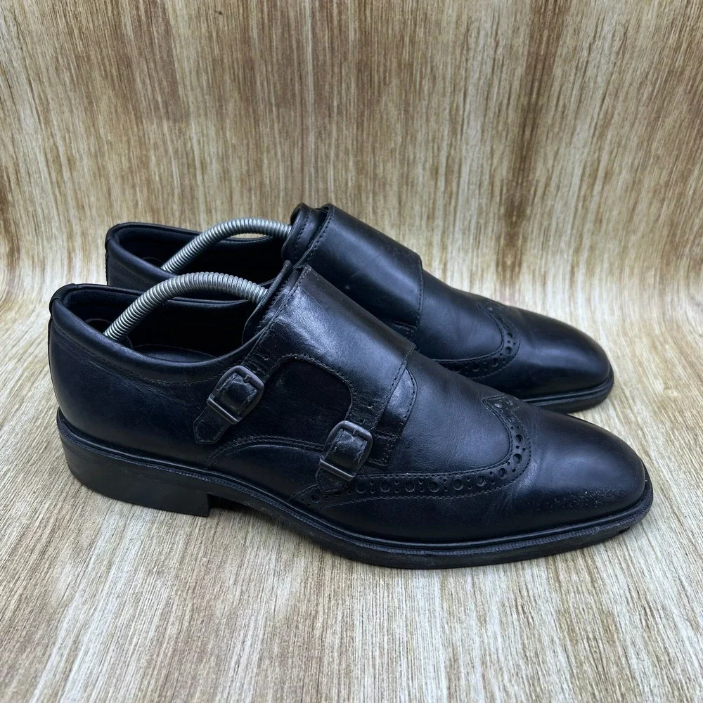 ECCO Double Monk Strap Shoes Men's 8.5 Black Leather Wingtip Brogue Shock Point
